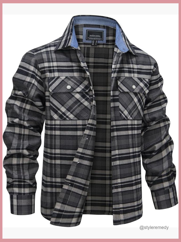 Men's Cotton Flannel Plaid Button Down Shirt With 2 Pockets